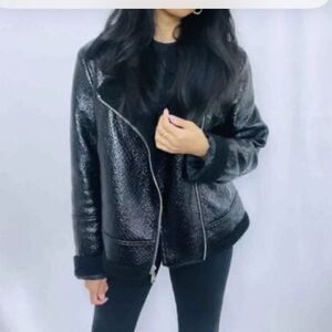 Tommy Hilfiger Black Faux Patent Leather Sherpa Lined Motto Jacket Size XS